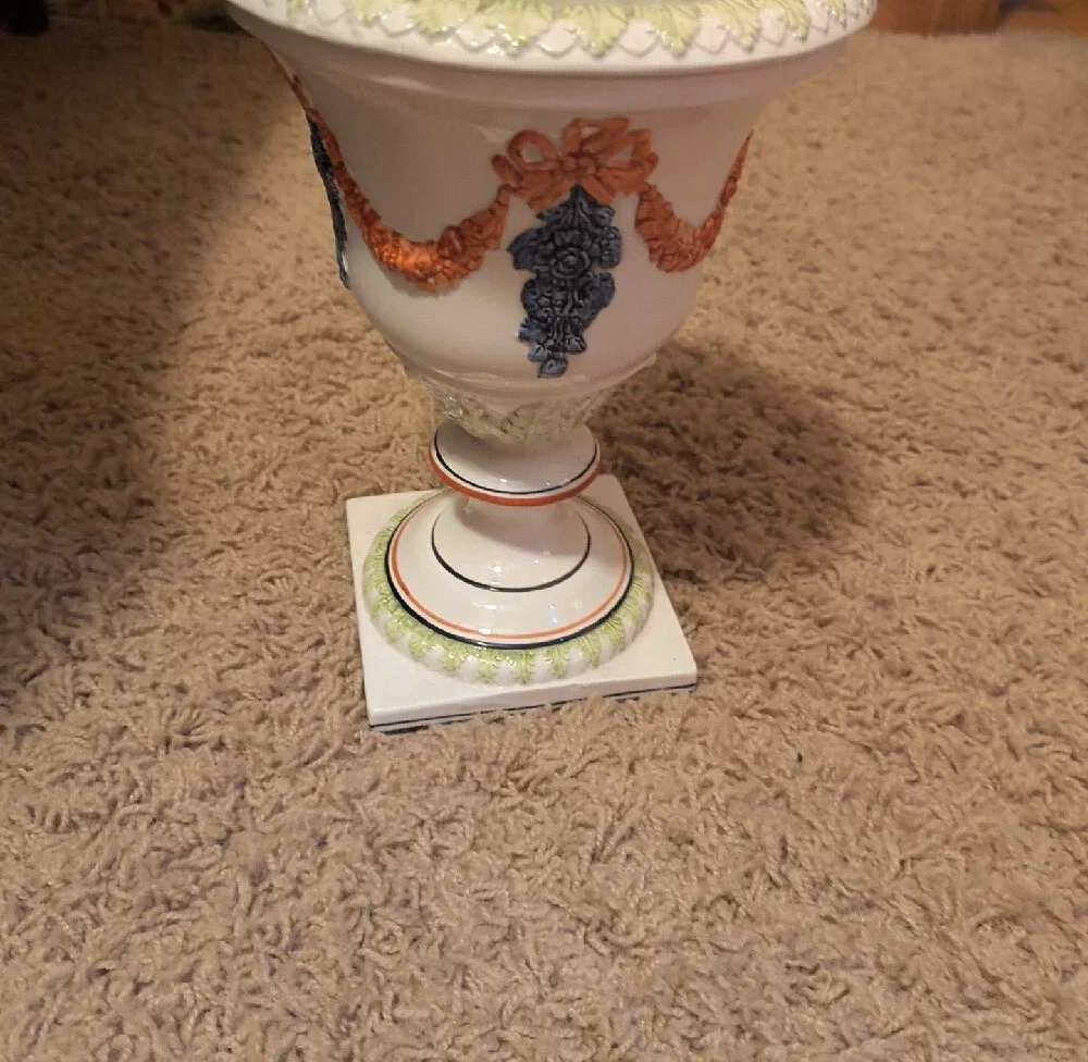 Vintage Italian Mottahhedeh Decorator Urn with Multicolor Relief Accents And Lid